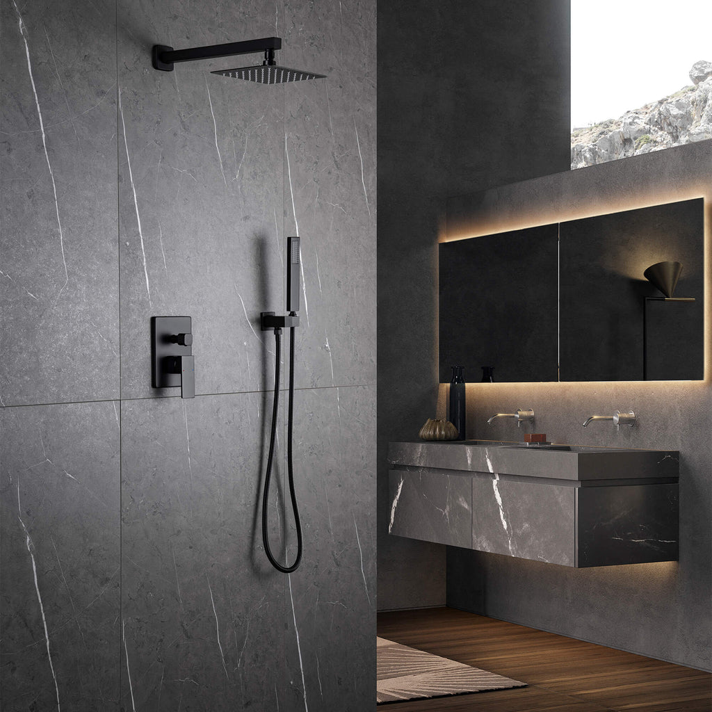 Minimalist Dual-Outlet Shower System with Ultra-Thin Square Rain Head and Linear Hand Shower