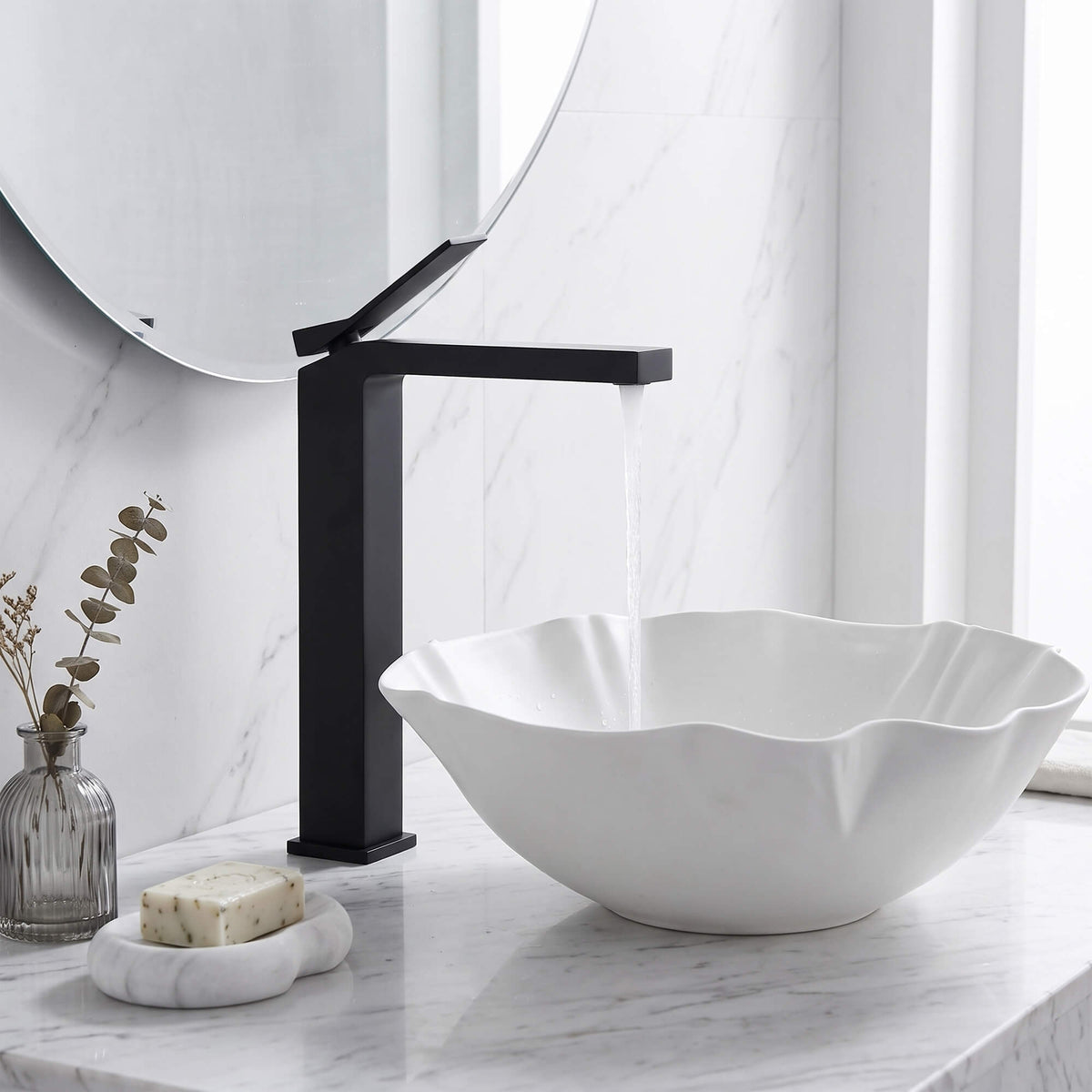 Minimalist Square Monolithic Single-Handle Tall Vessel Faucet