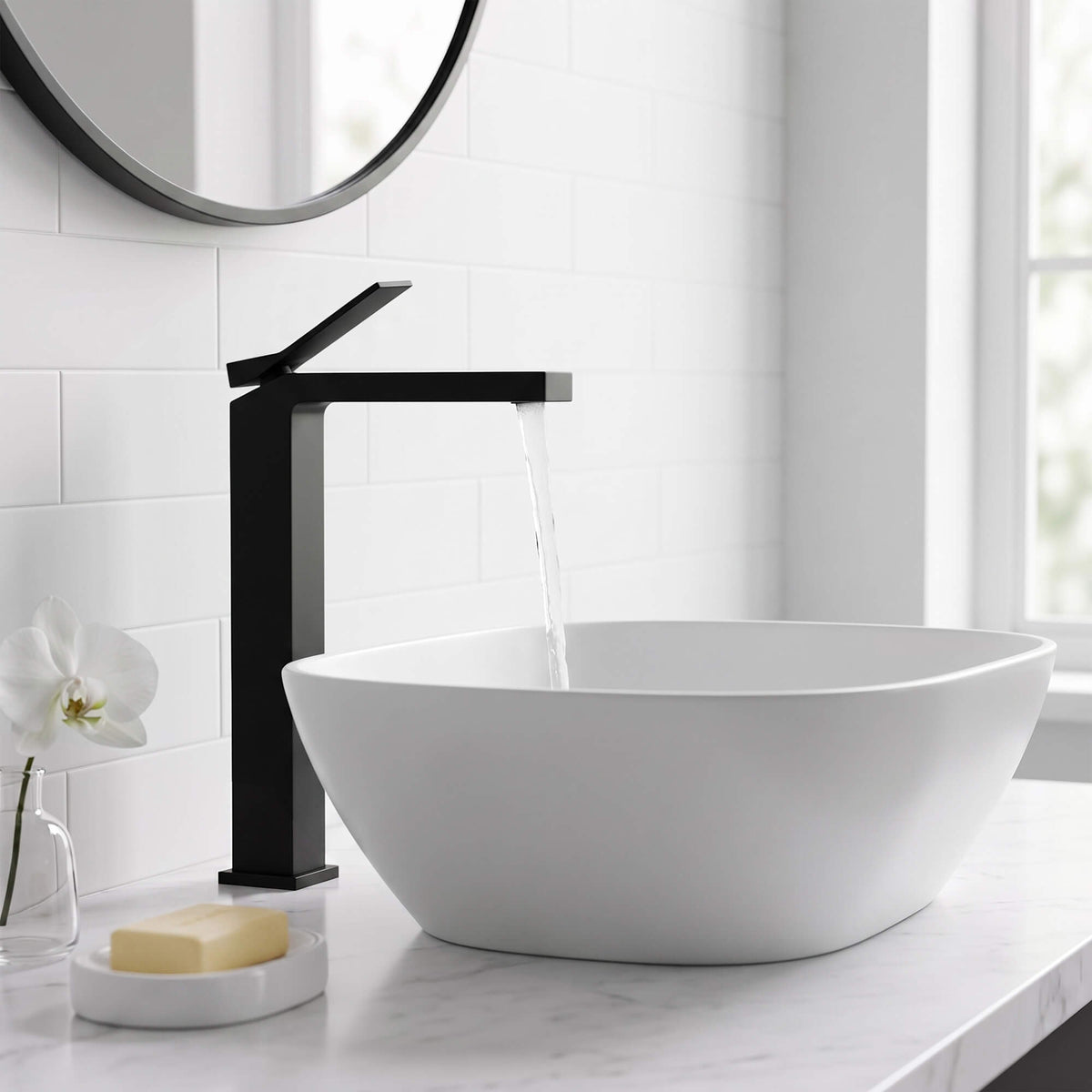 Minimalist Square Monolithic Single-Handle Tall Vessel Faucet