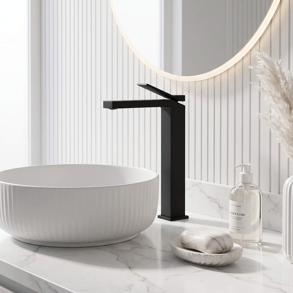 Minimalist Square Monolithic Single-Handle Tall Vessel Faucet