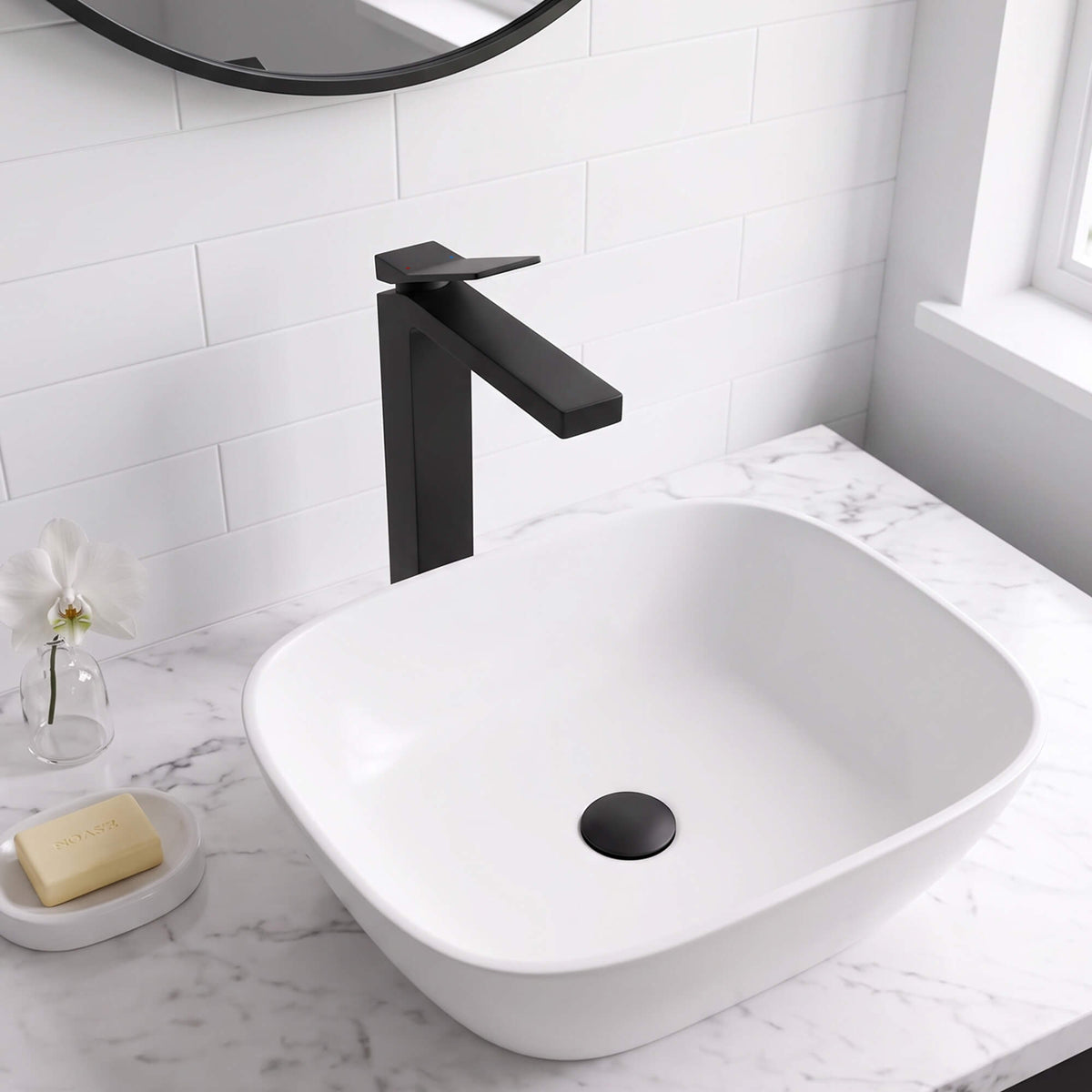 Minimalist Square Monolithic Single-Handle Tall Vessel Faucet