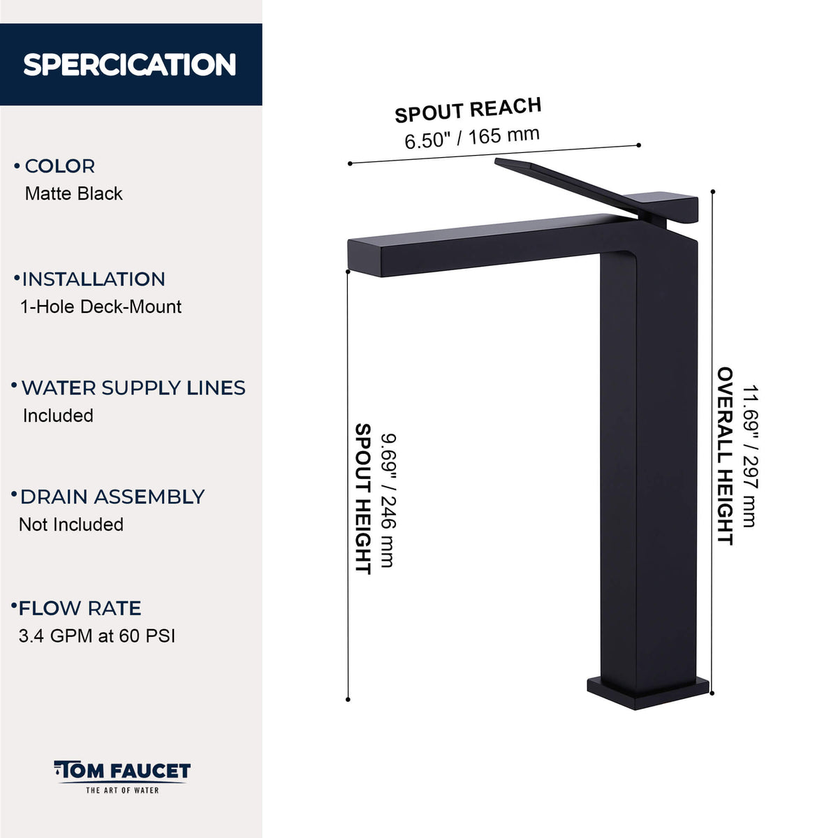 Minimalist Square Monolithic Single-Handle Tall Vessel Faucet