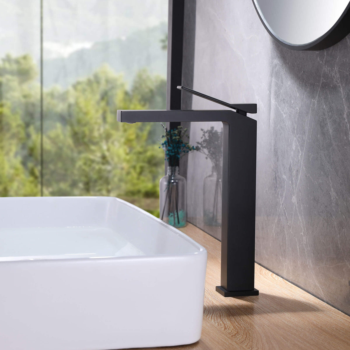 Minimalist Square Monolithic Single-Handle Tall Vessel Faucet