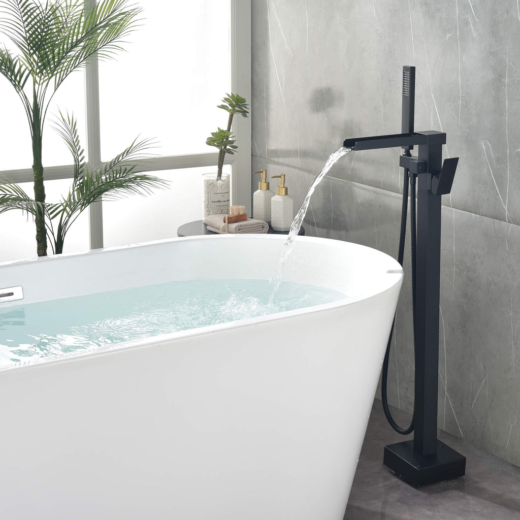 Cube Modern Solid Brass Freestanding Tub Filler Faucet with Hand Shower