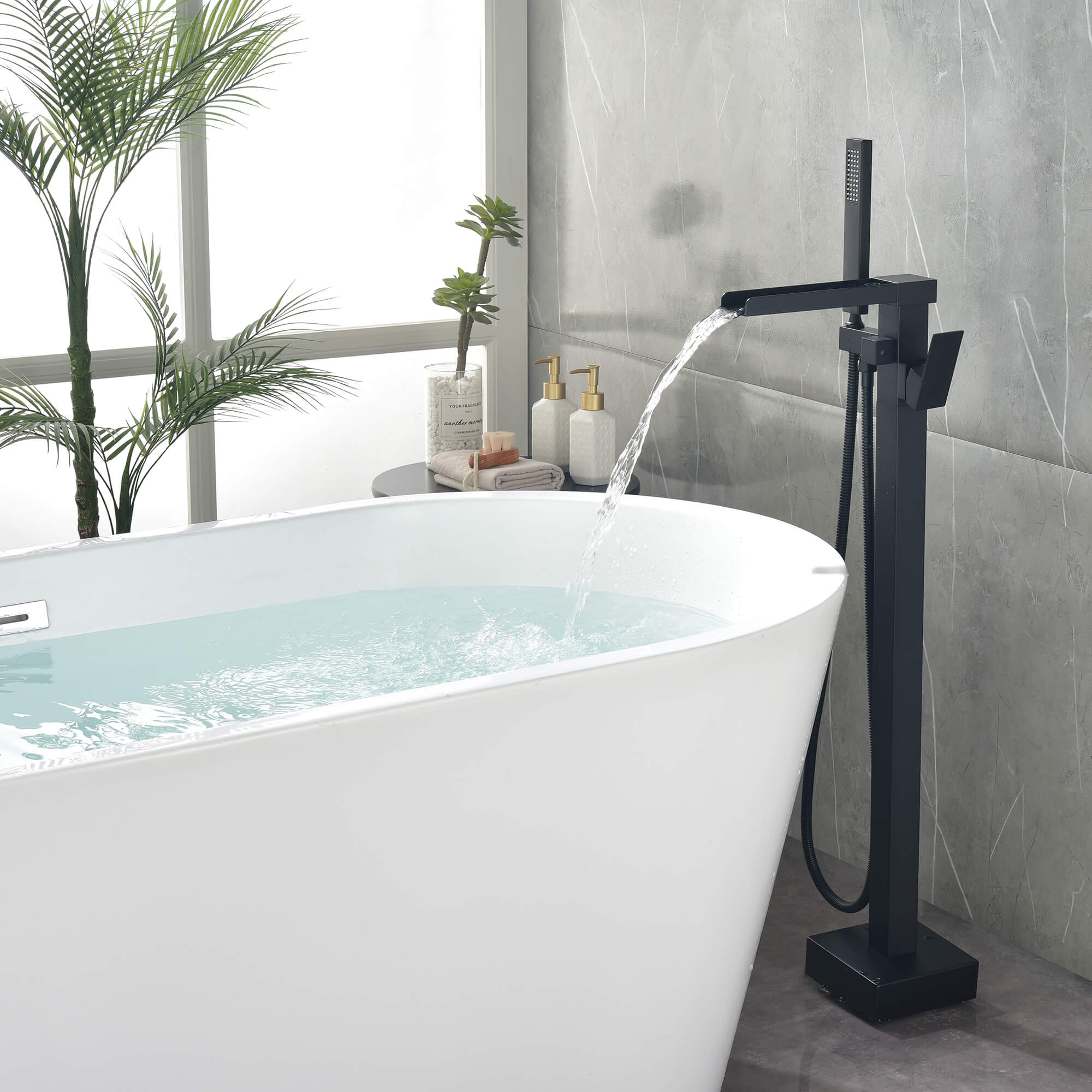 Cube Modern Solid Brass Freestanding Tub Filler Faucet with Hand Shower