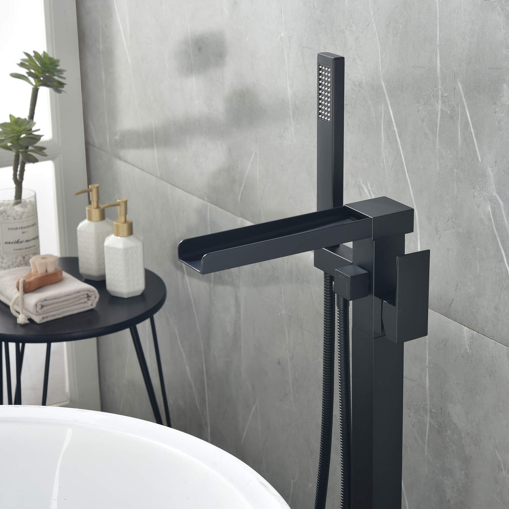 Cube Modern Solid Brass Freestanding Tub Filler Faucet with Hand Shower