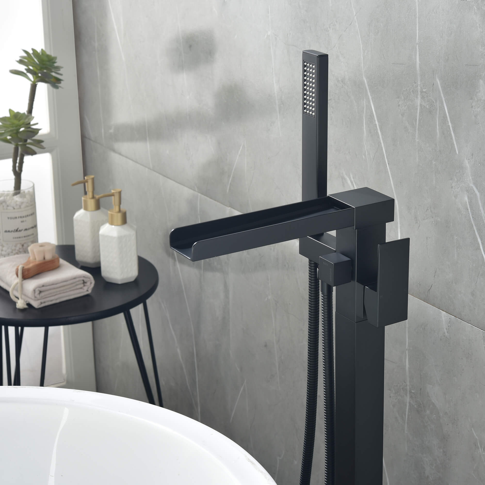 Cube Modern Solid Brass Freestanding Tub Filler Faucet with Hand Shower