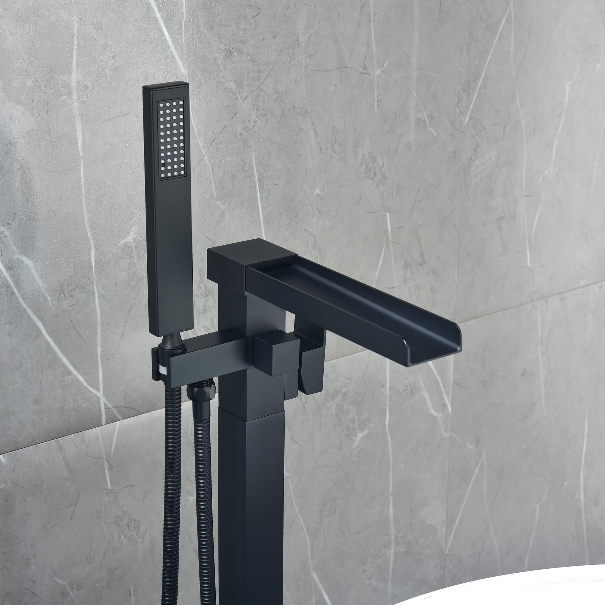 Cube Modern Solid Brass Freestanding Tub Filler Faucet with Hand Shower