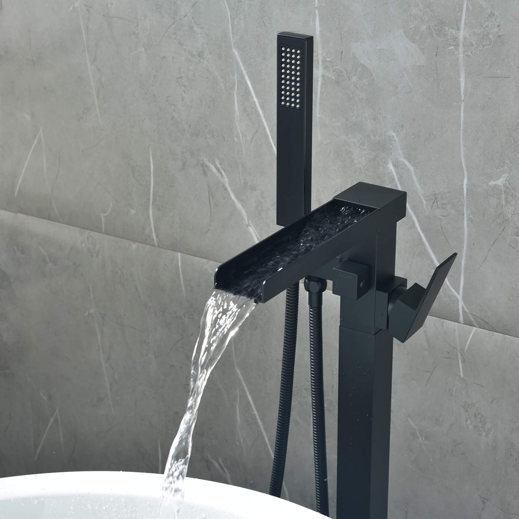 Cube Modern Solid Brass Freestanding Tub Filler Faucet with Hand Shower