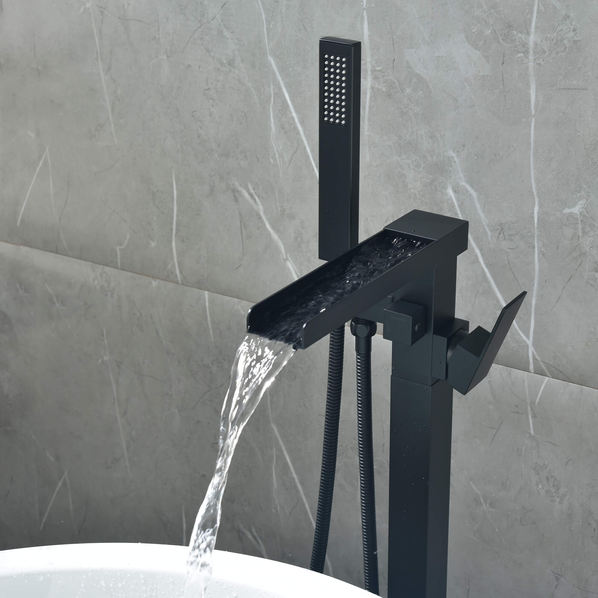 Cube Modern Solid Brass Freestanding Tub Filler Faucet with Hand Shower