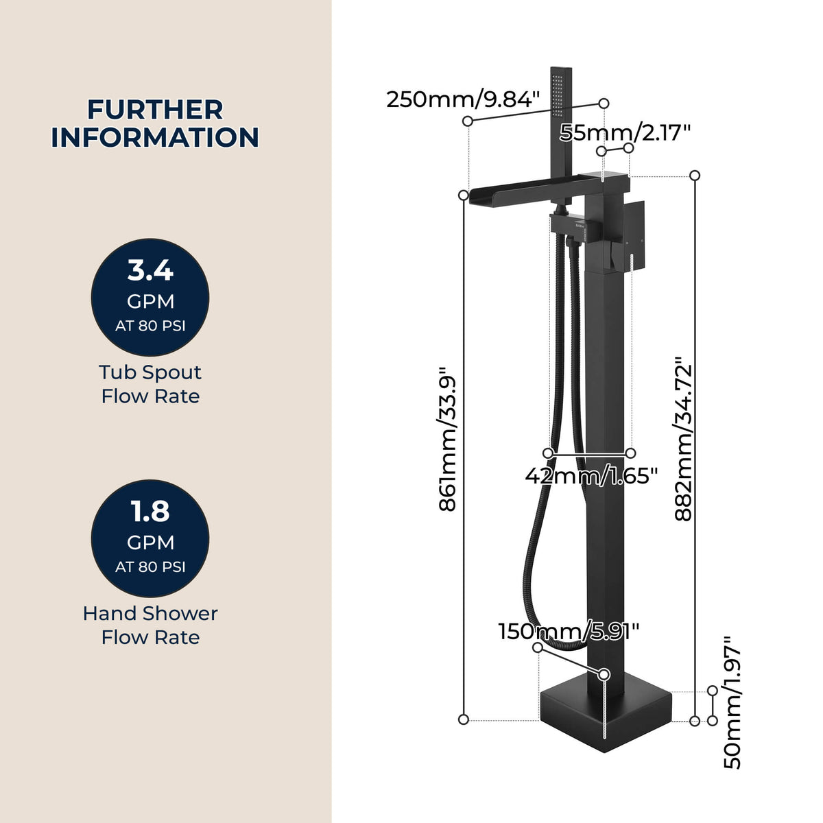 Fast-Filling Waterfall Freestanding Tub Faucet with Hand Shower