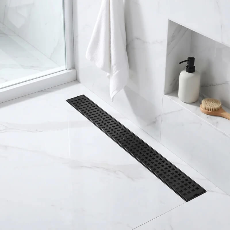 Modern Linear Grid Shower Drain with Removable Anti-Clog Hair Strainer Basket