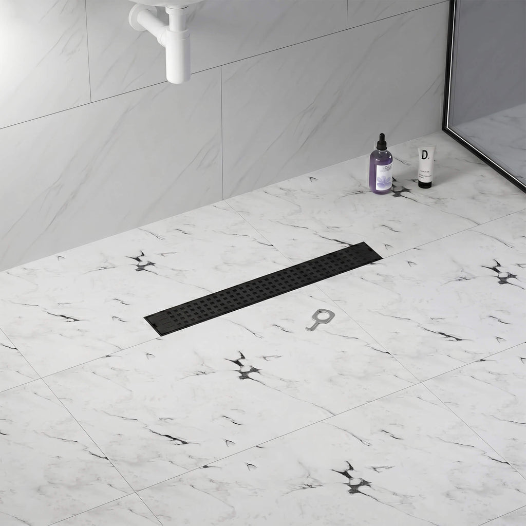 Modern Linear Grid Shower Drain with Removable Anti-Clog Hair Strainer Basket