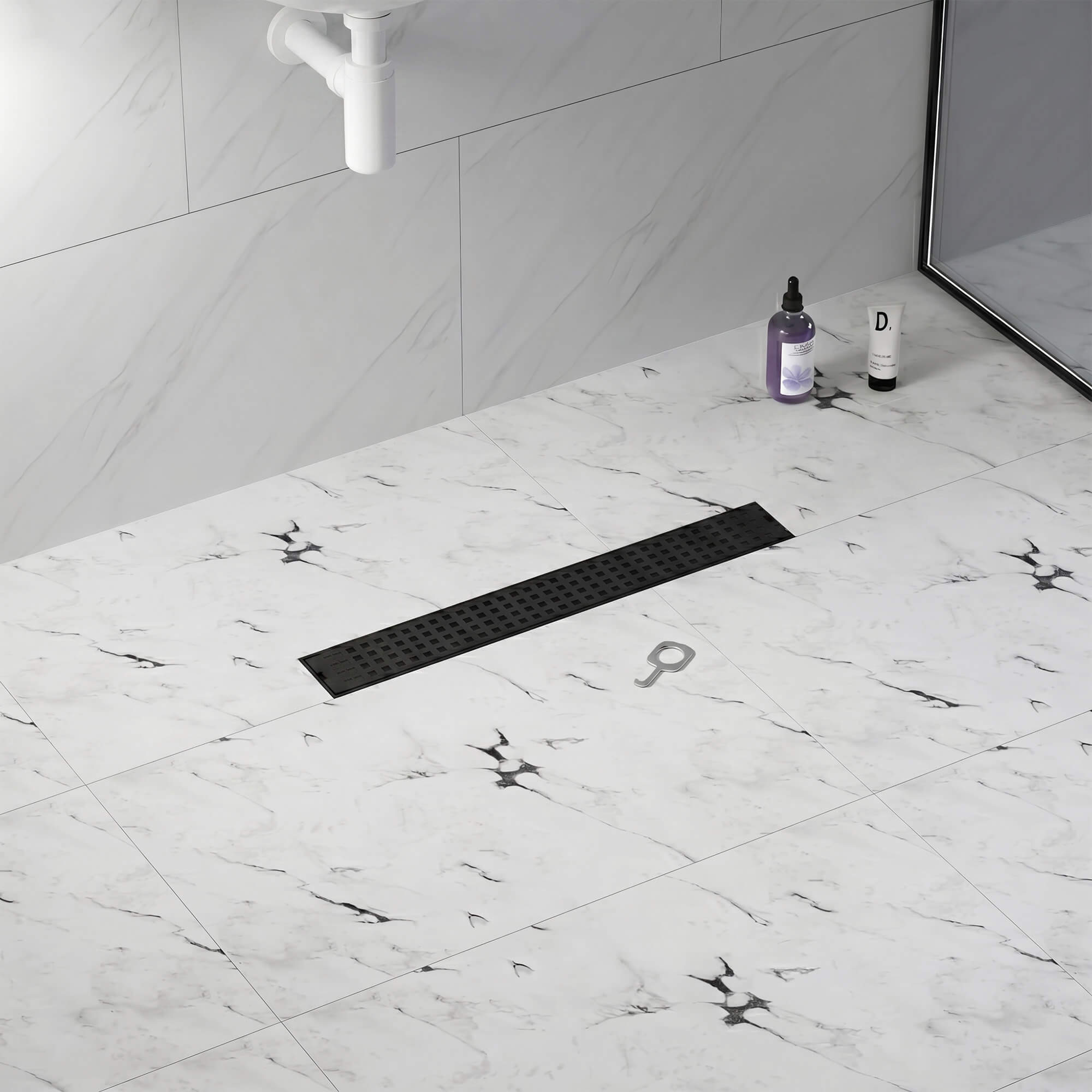 Modern Linear Grid Shower Drain with Removable Anti-Clog Hair Strainer Basket