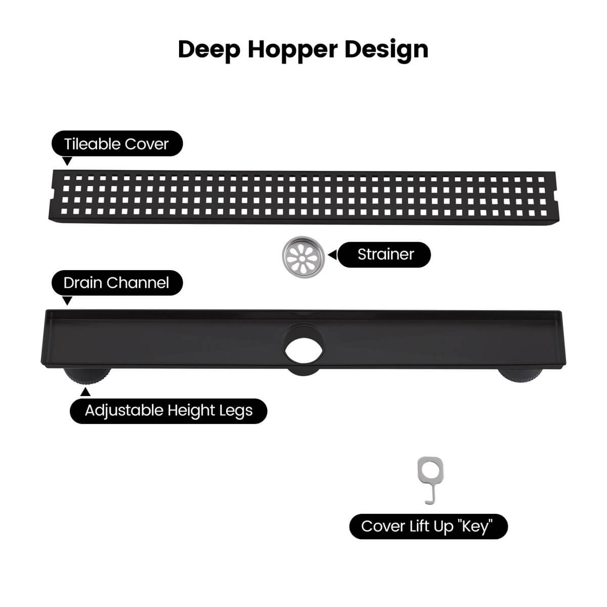 Modern Linear Grid Shower Drain with Removable Anti-Clog Hair Strainer Basket