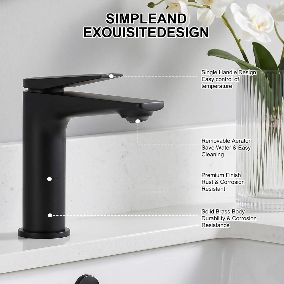 Modern Streamlined Flat-Spout Solid Brass Basin Faucet