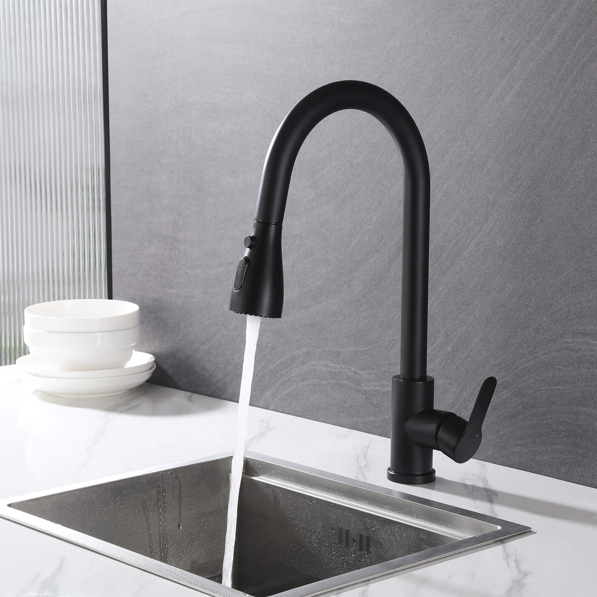 Modern Single Handle Pull-Down Sprayer Kitchen Faucet with 3 Water Mode