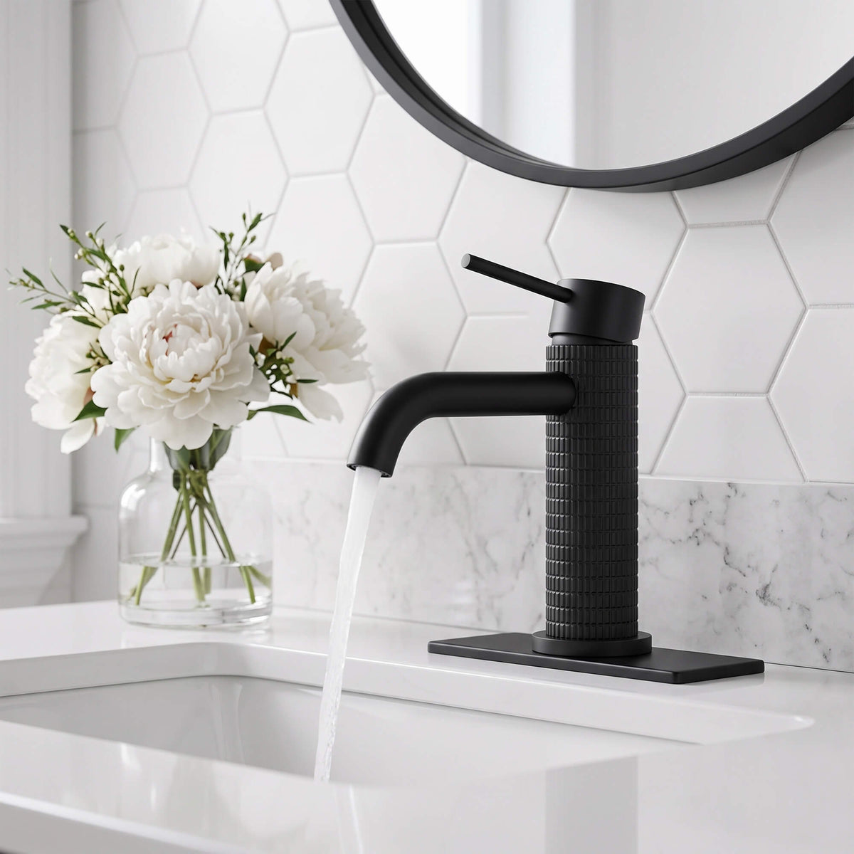 6.44" Brass Single Hole Bathroom Sink Faucet with Deck Plate Extended Spout