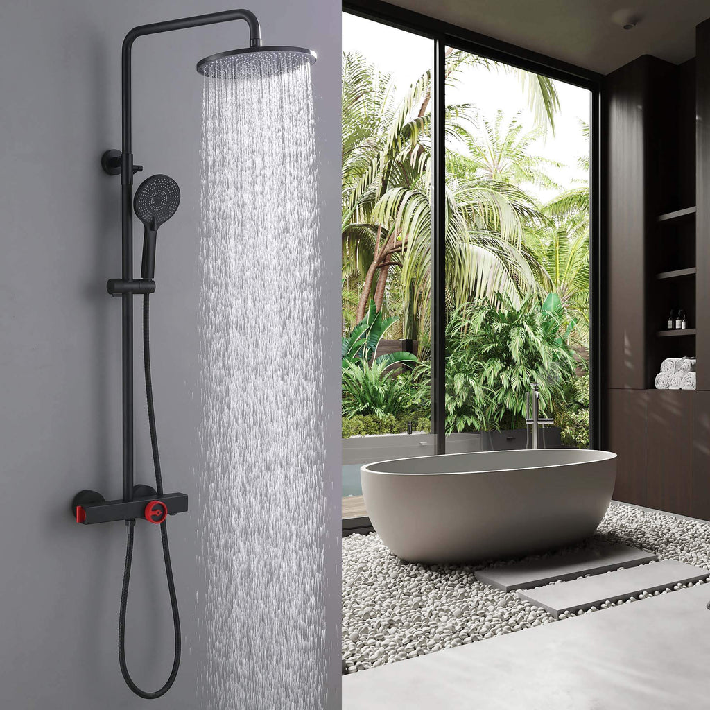 Slide-Bar Thermostatic Shower System with Red Statement Knob and Bottom Spout