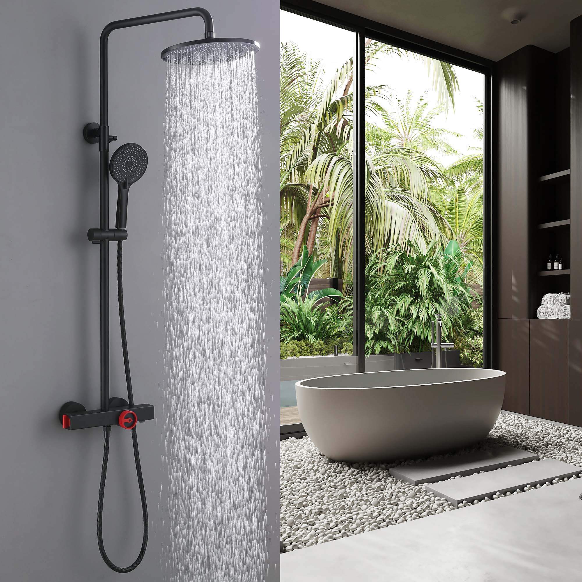 Slide-Bar Thermostatic Shower System with Red Statement Knob and Bottom Spout