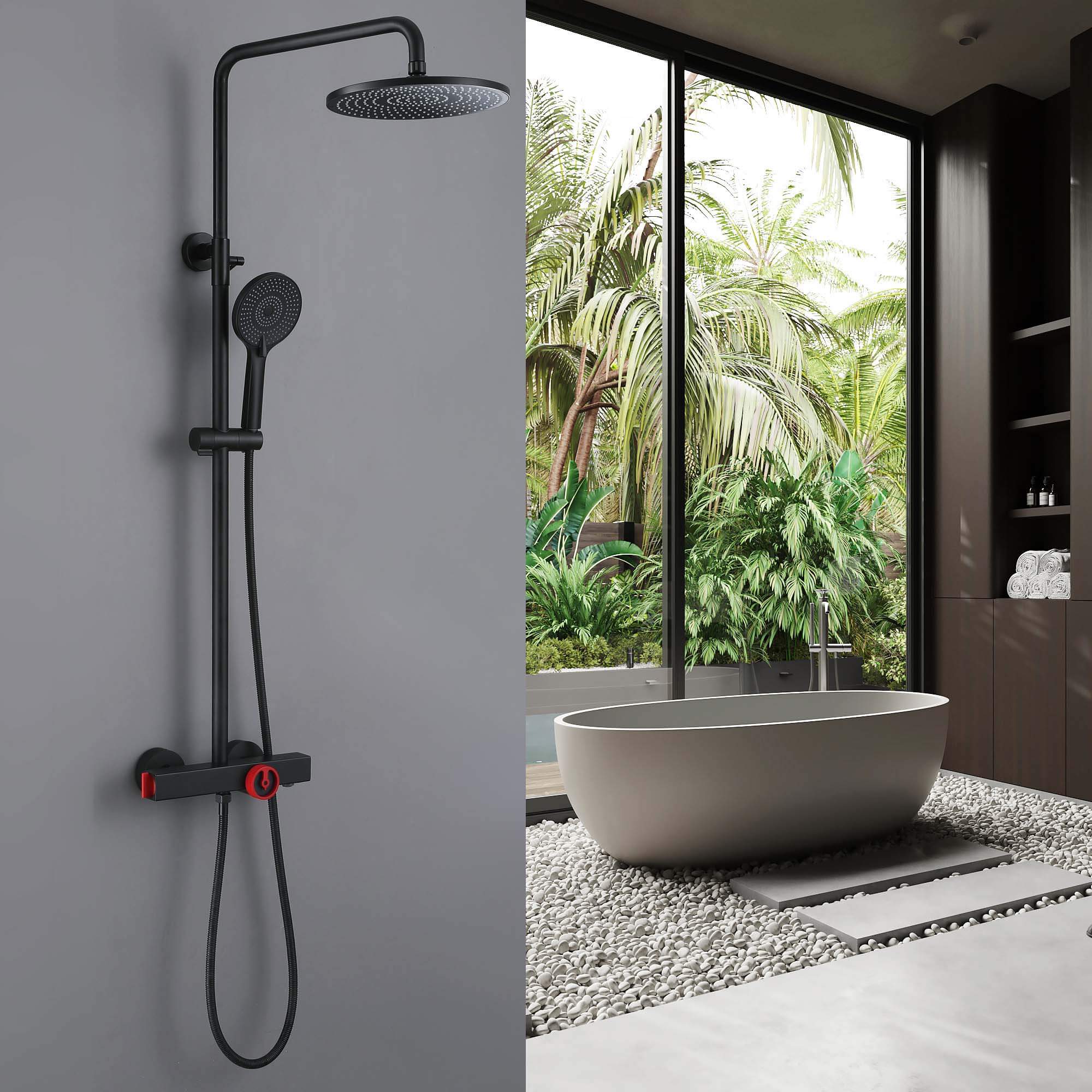 Slide-Bar Thermostatic Shower System with Red Statement Knob and Bottom Spout