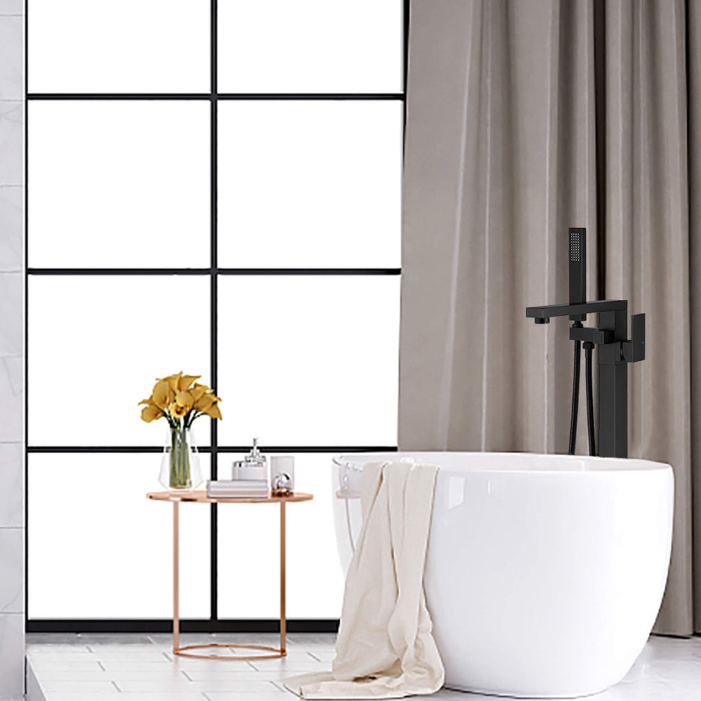 360° Swivel Cube Freestanding Tub Faucet with Hand Shower Single Handle