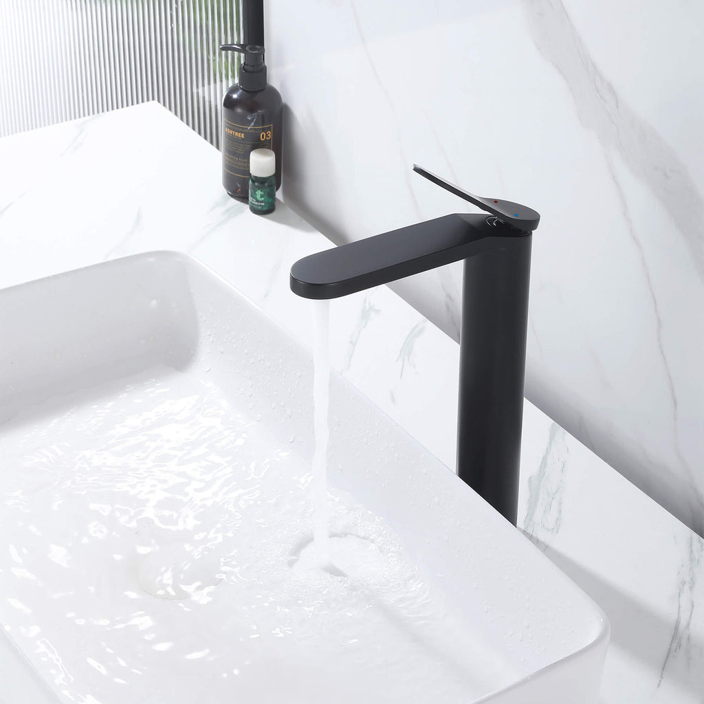 Tall Modern Minimalist Vessel Sink Faucet with Elongated Splash-Free Spout