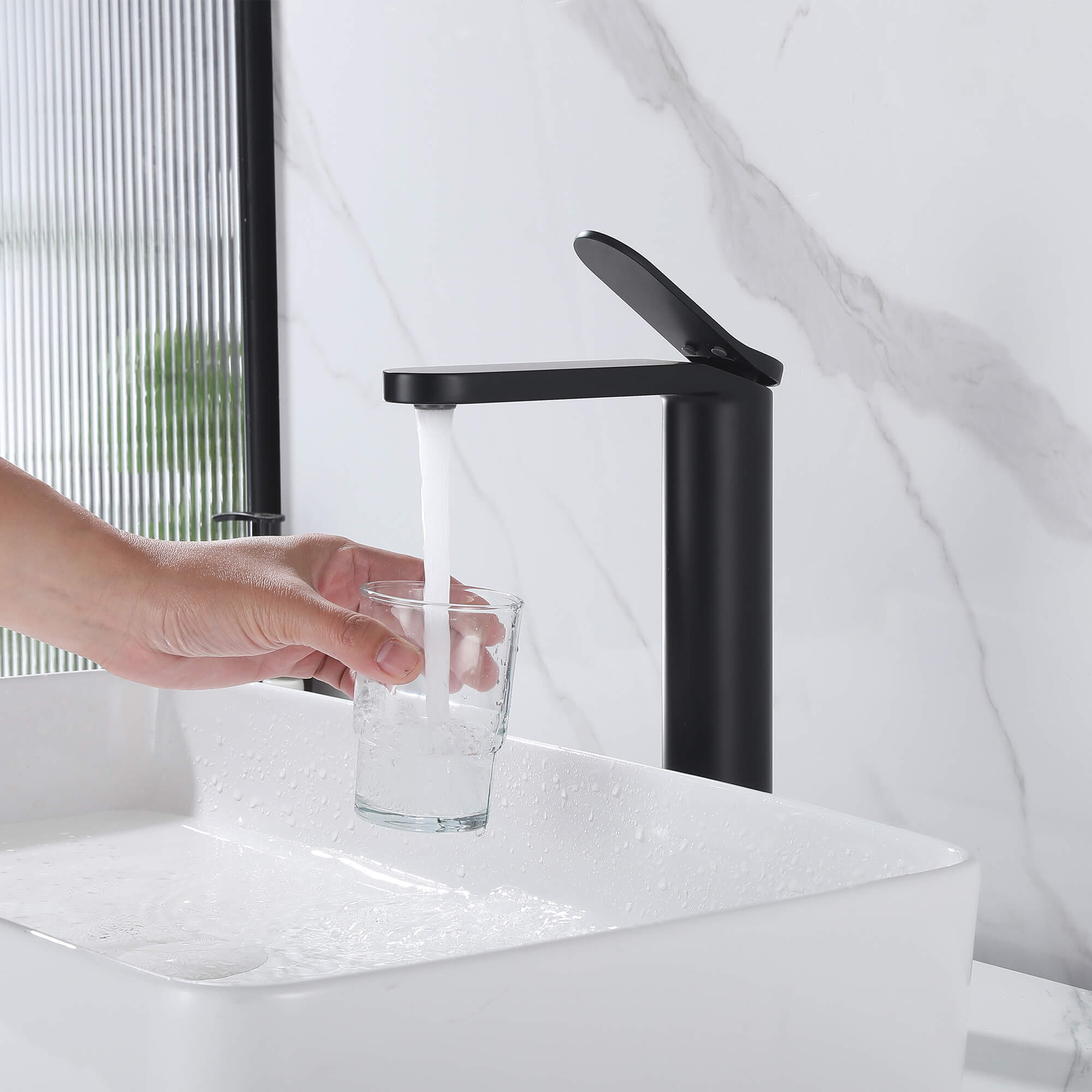 Tall Modern Minimalist Vessel Sink Faucet with Elongated Splash-Free Spout