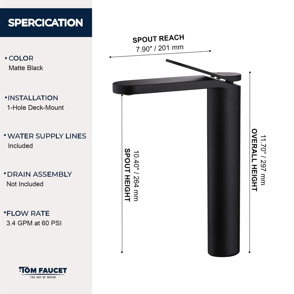 Tall Modern Minimalist Vessel Sink Faucet with Elongated Splash-Free Spout