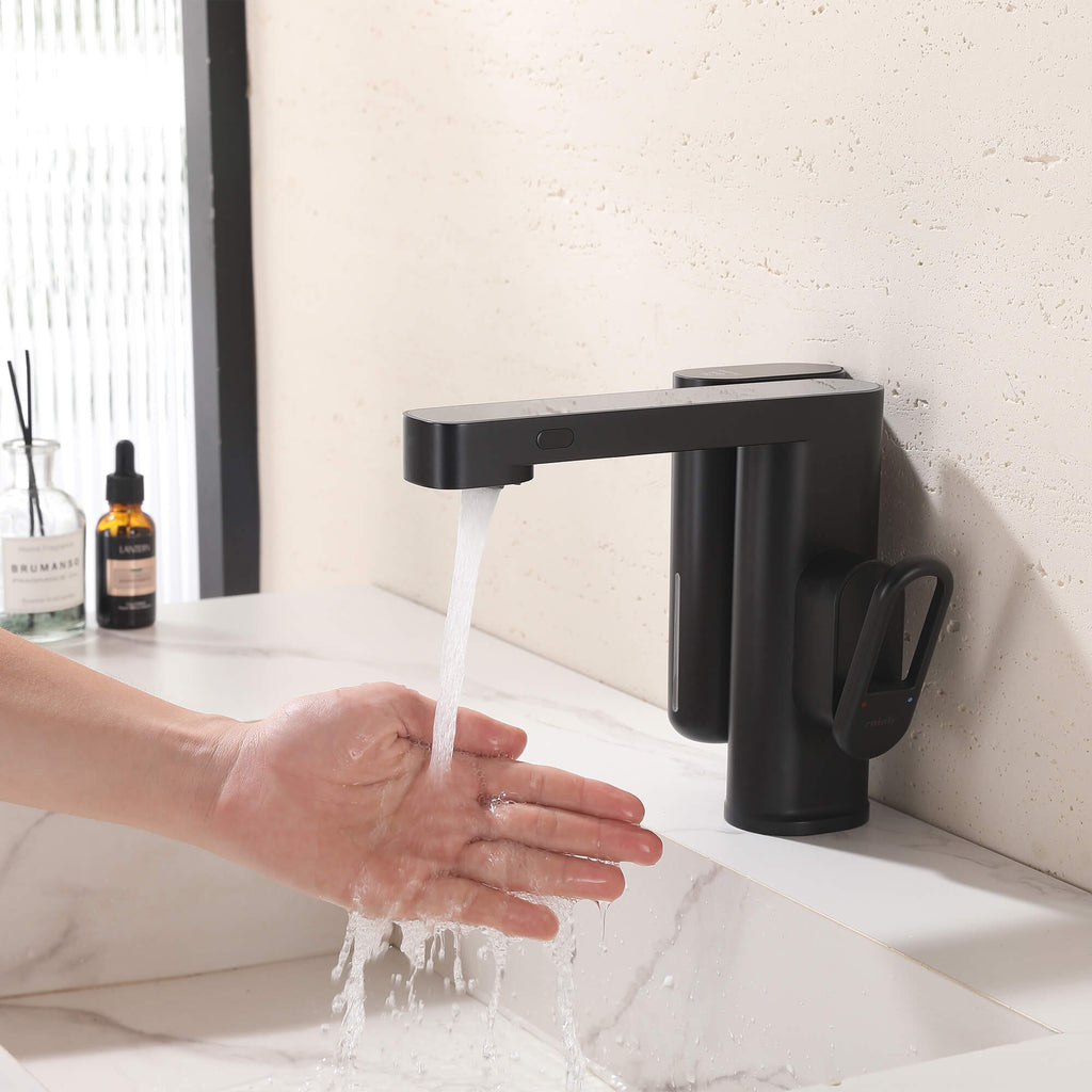Touchless Smart Soap & Water Sensor Basin Faucet with Integrated Digital Temperature Screen