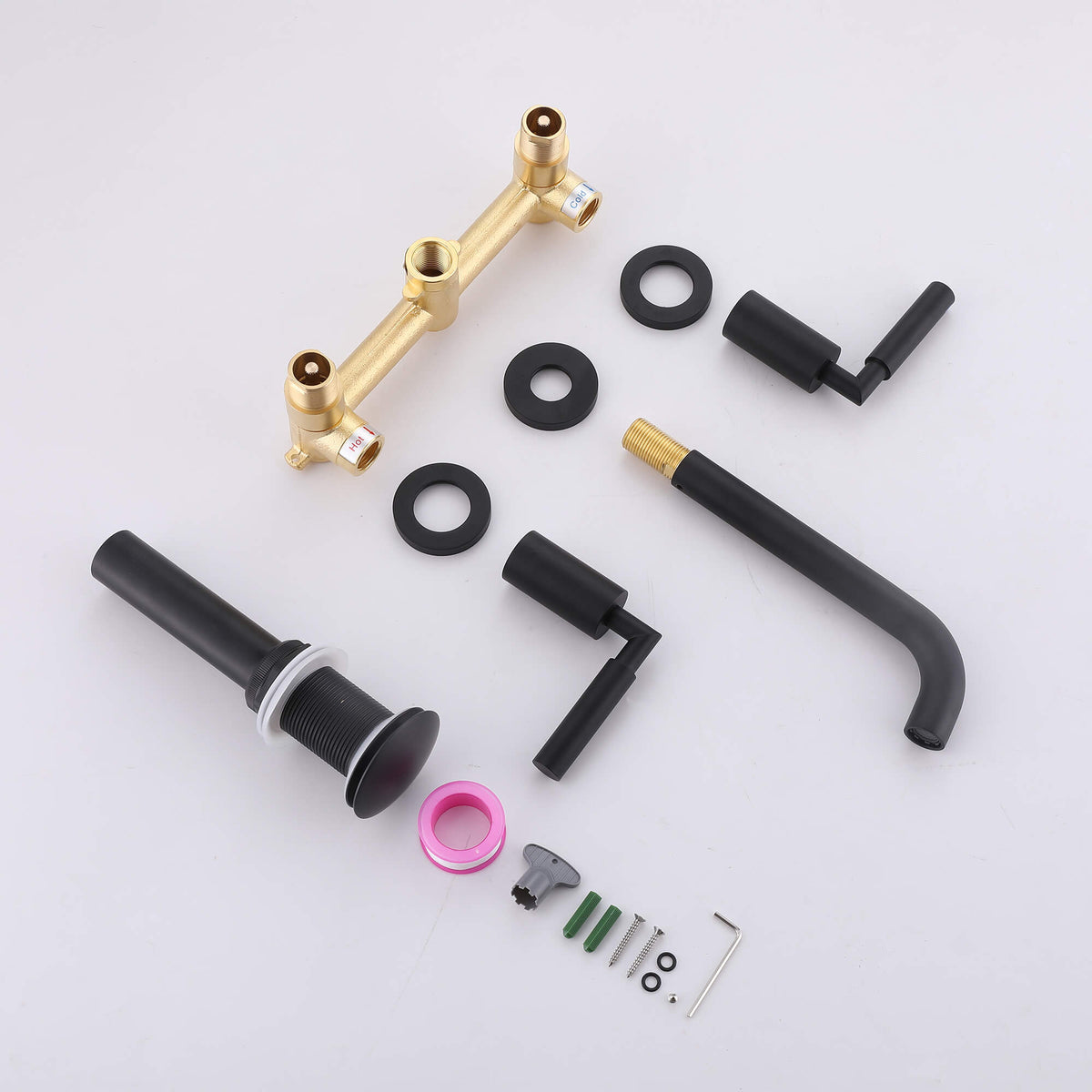 Wall-Mounted Bathroom Faucet with Drain Assembly Solid Brass 3-Piece Set