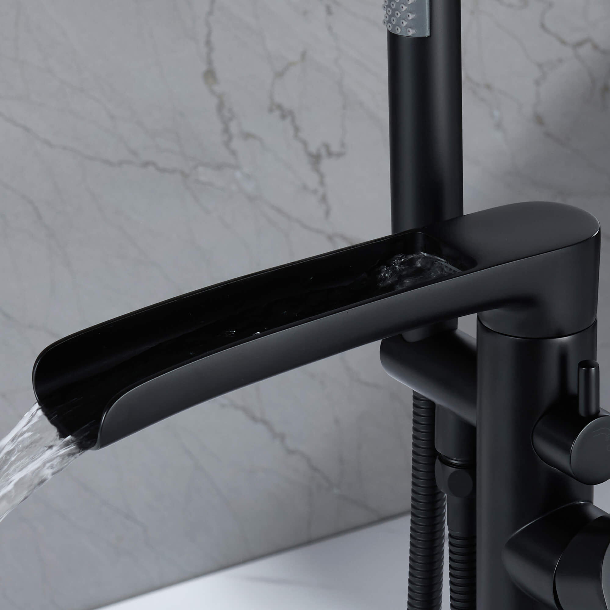 Waterfall Freestanding Bathtub Faucet with Open-Channel Spout and Hand Shower