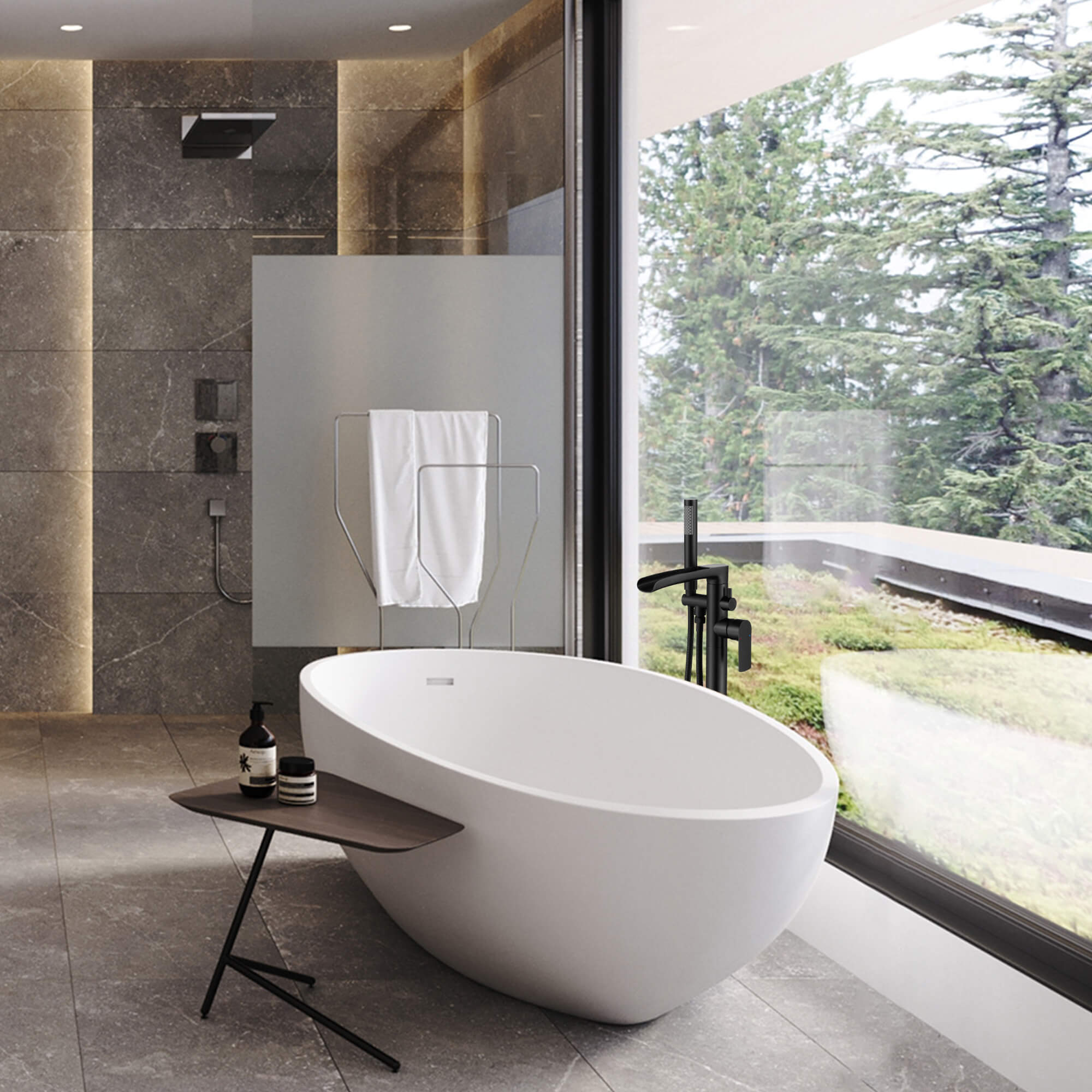 Waterfall Freestanding Bathtub Faucet with Open-Channel Spout and Hand Shower