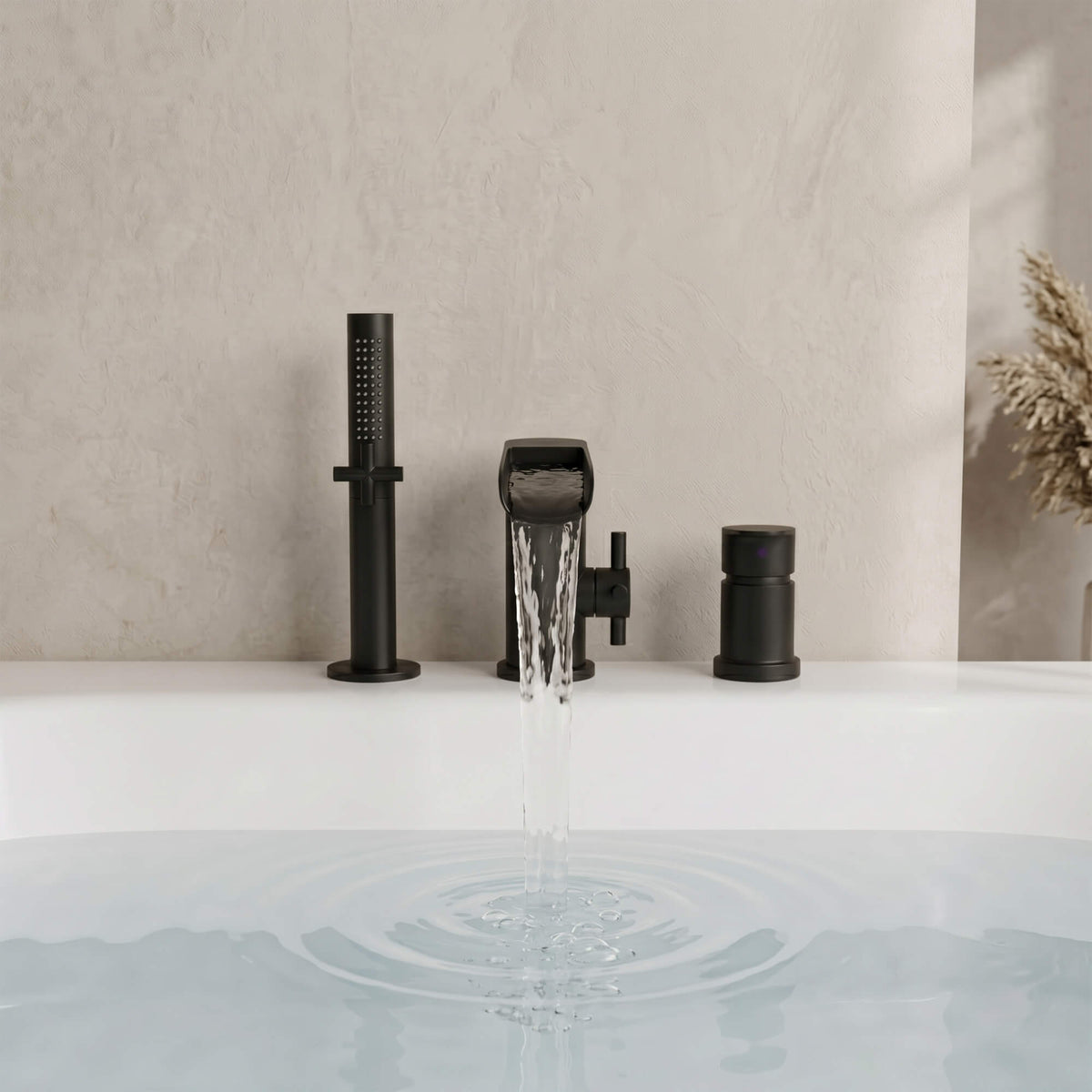 Waterfall 3-Hole Roman Tub Filler Faucet with Hand Shower & 360° Swivel Spout