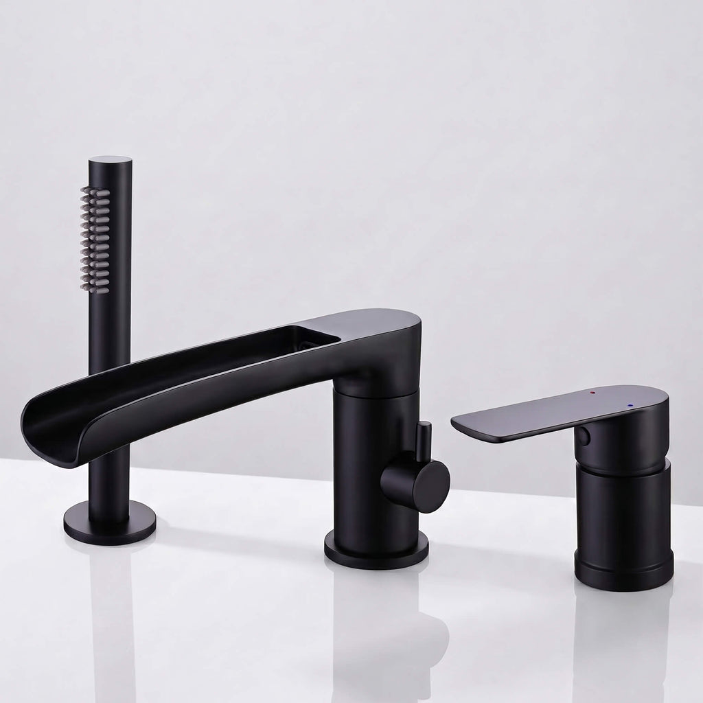 Waterfall 3-Hole Roman Tub Filler Faucet with Hand Shower & 360° Swivel Spout