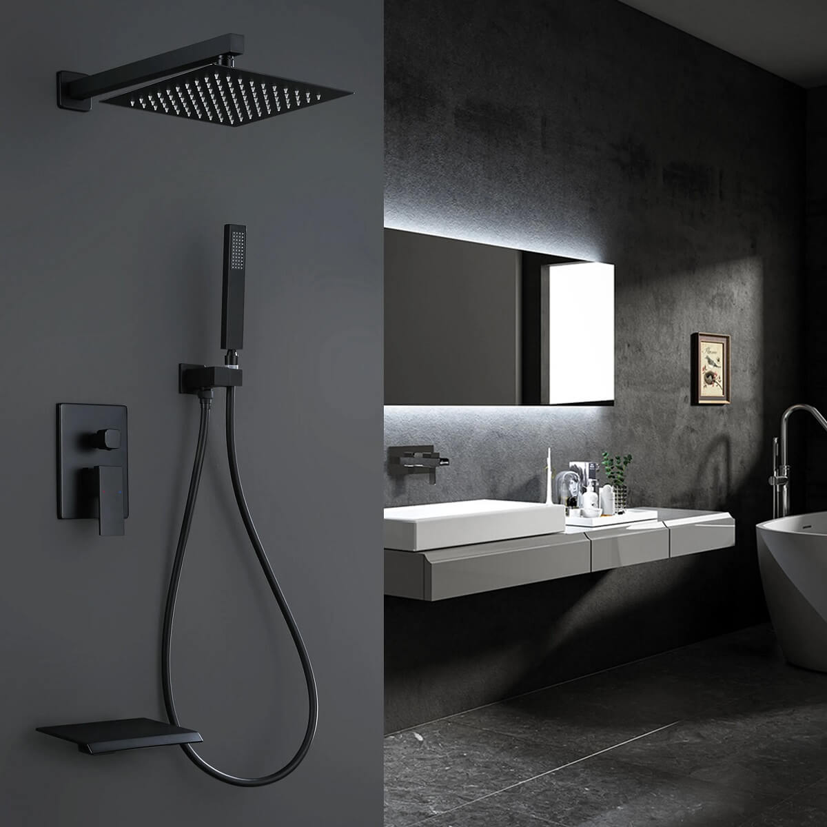 3-Function Tub Shower System with 10" Rain Head & Waterfall Tub Spout