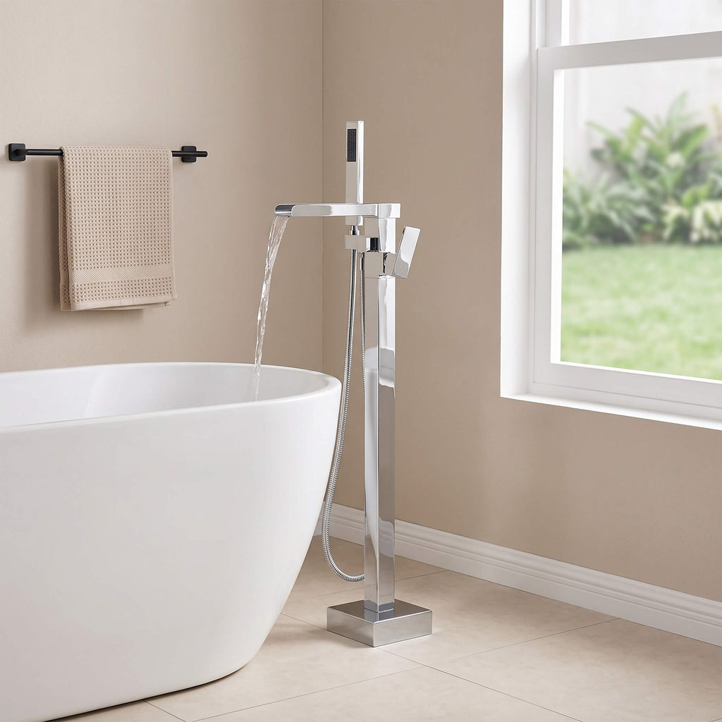 Chrome Modern Solid Brass Freestanding Tub Filler Faucet with Hand Shower