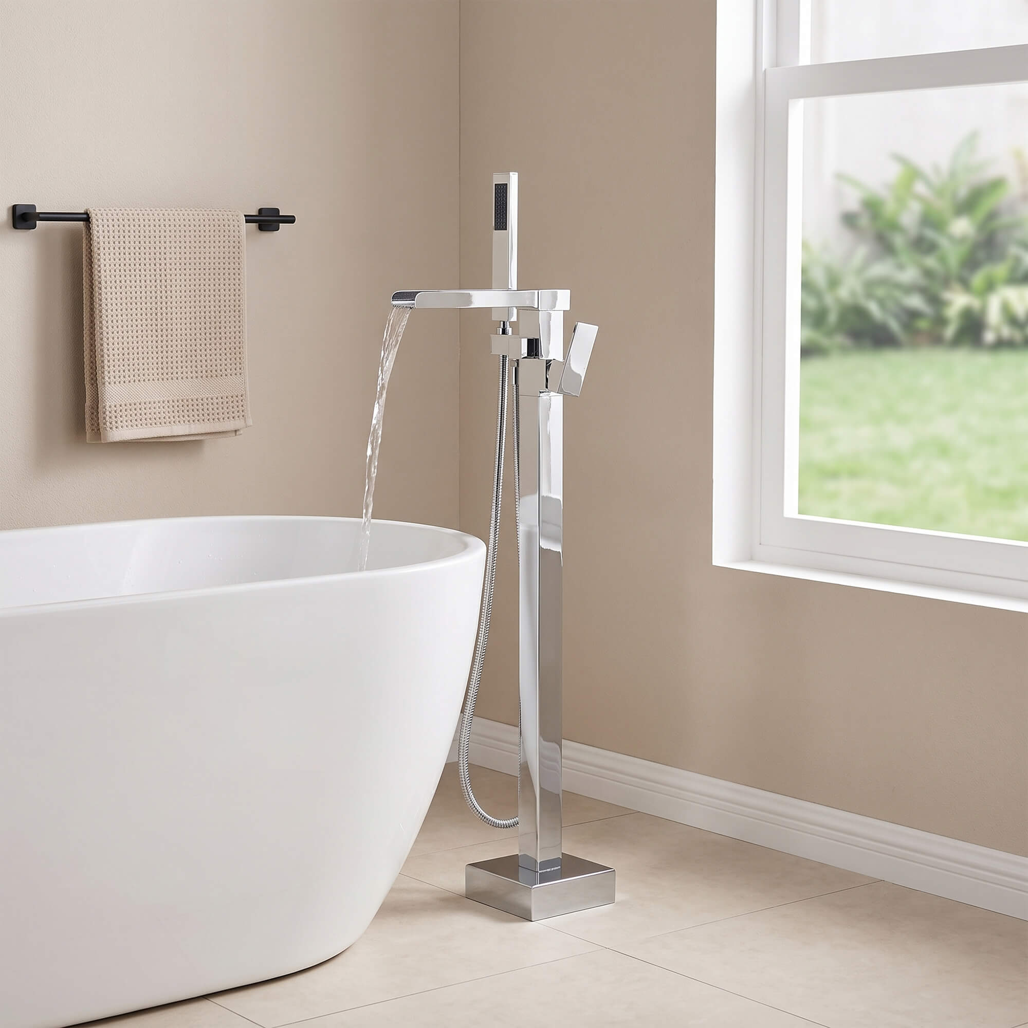 Chrome Modern Solid Brass Freestanding Tub Filler Faucet with Hand Shower