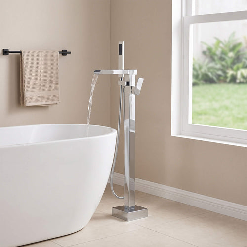 Chrome Modern Solid Brass Freestanding Tub Filler Faucet with Hand Shower