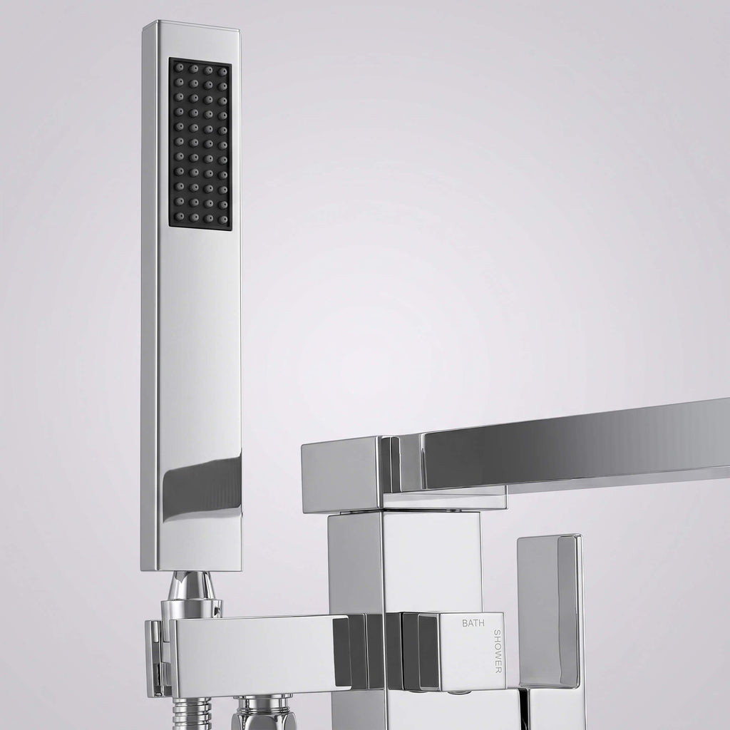 Chrome Modern Solid Brass Freestanding Tub Filler Faucet with Hand Shower
