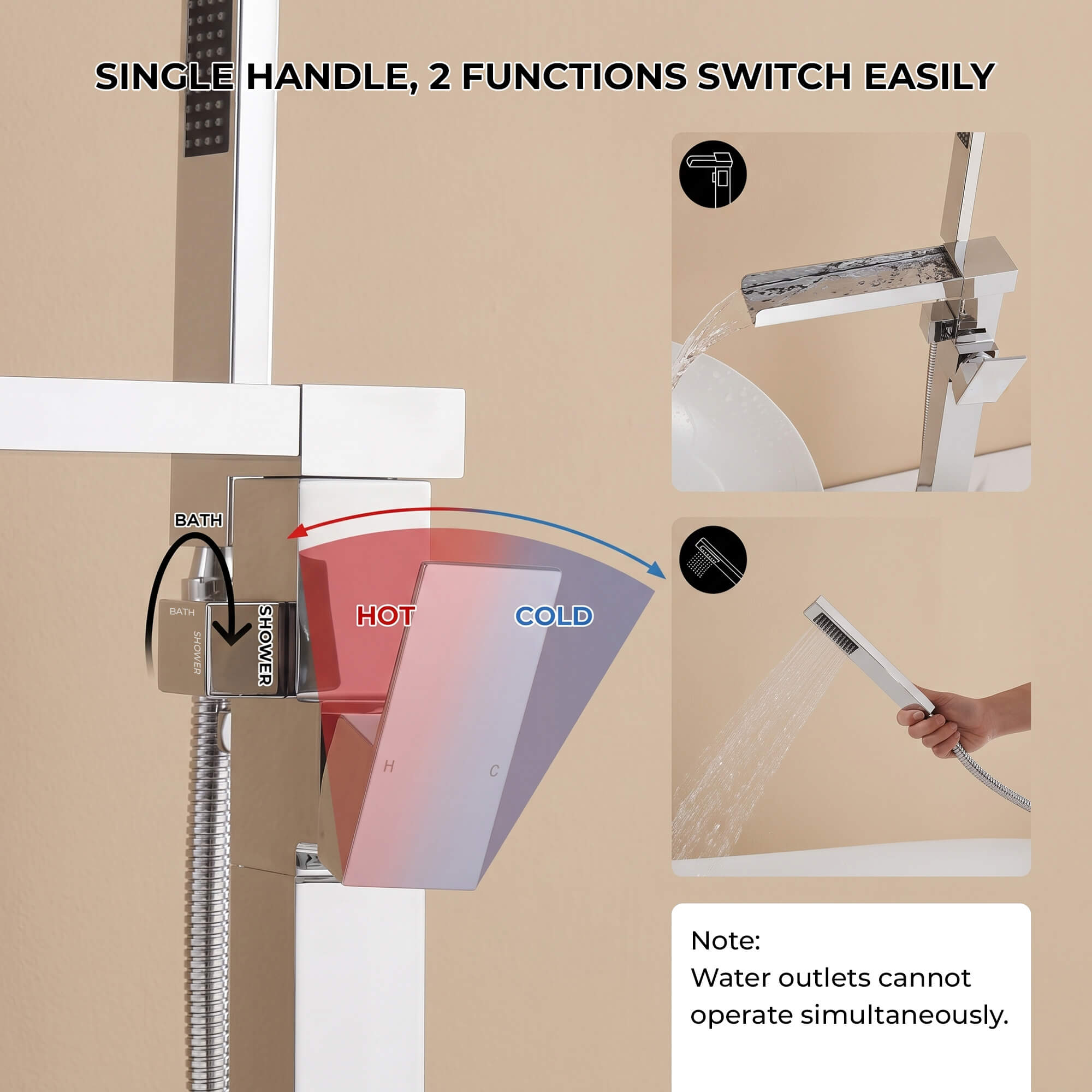 Chrome Modern Solid Brass Freestanding Tub Filler Faucet with Hand Shower
