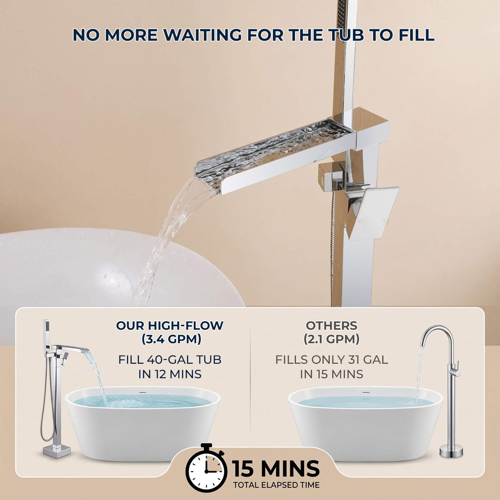 Chrome Modern Solid Brass Freestanding Tub Filler Faucet with Hand Shower