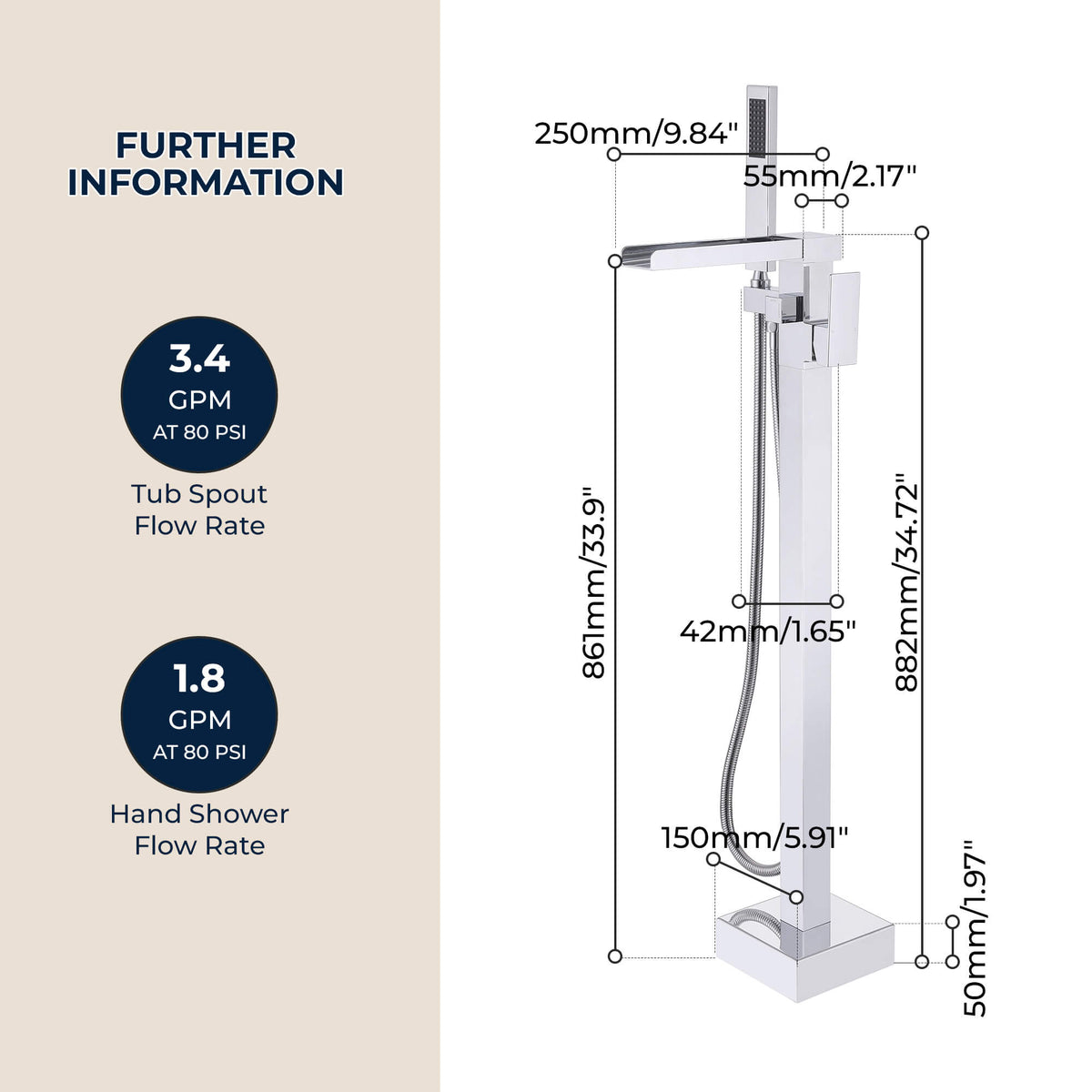 Chrome Modern Solid Brass Freestanding Tub Filler Faucet with Hand Shower