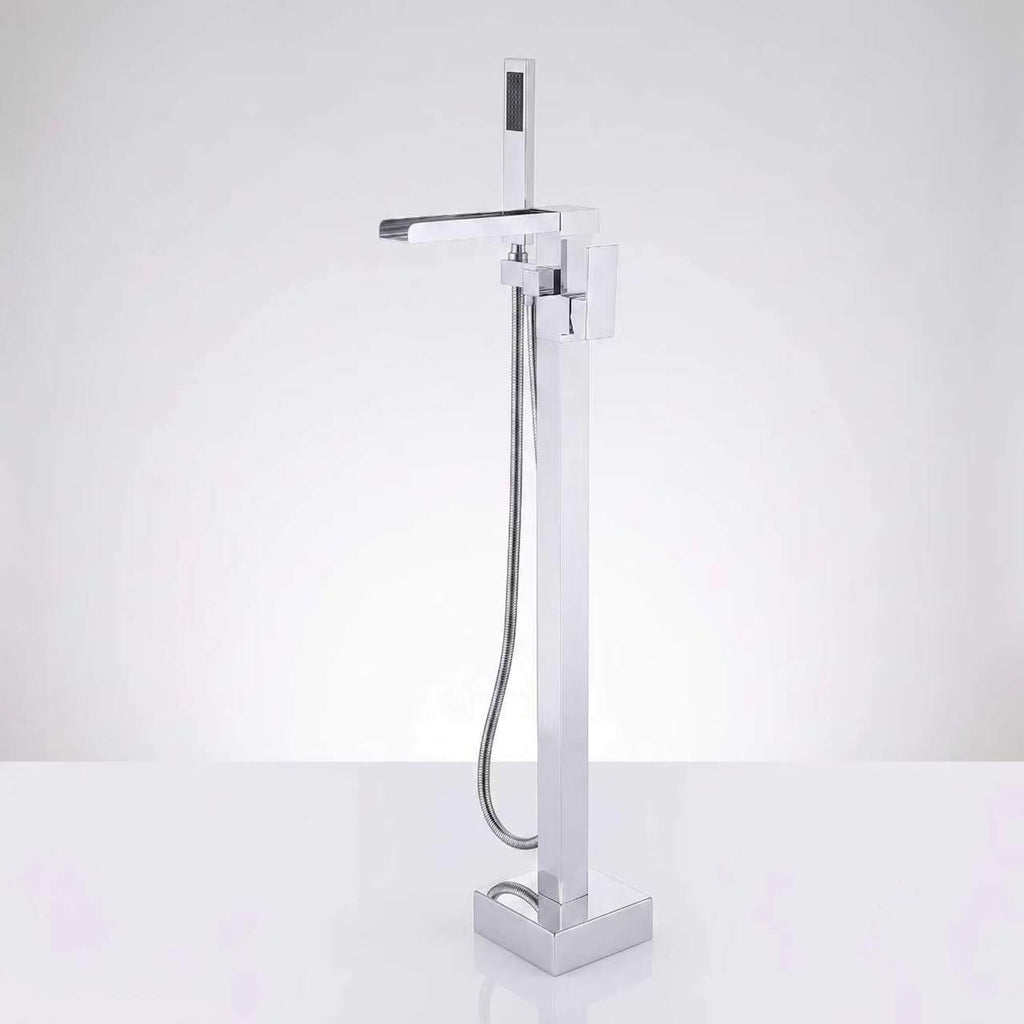 Chrome Modern Solid Brass Freestanding Tub Filler Faucet with Hand Shower