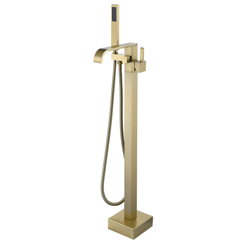 L-Shaped Waterfall Freestanding Tub Faucet with Hand Shower