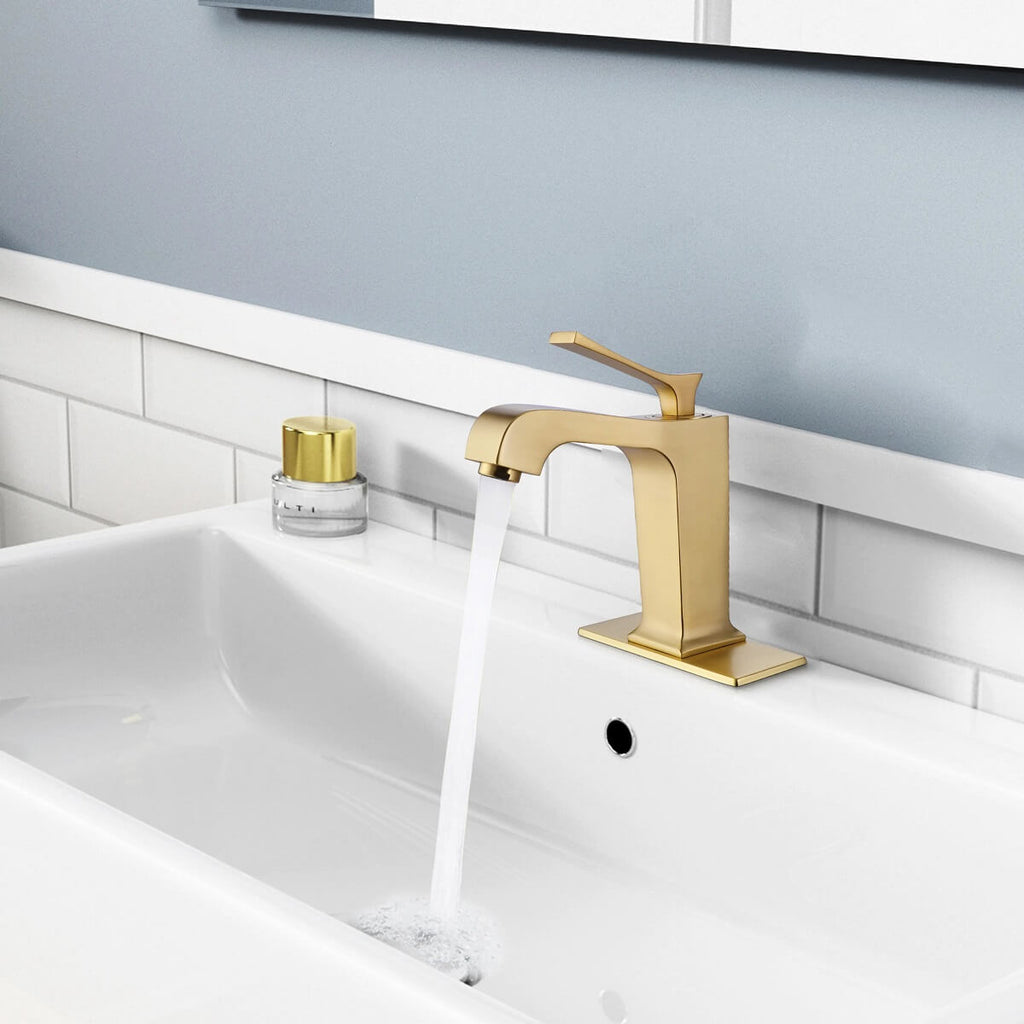 Single Handle 1-hole Basin Faucet with Curved Spout and Rectangular Deck Plate