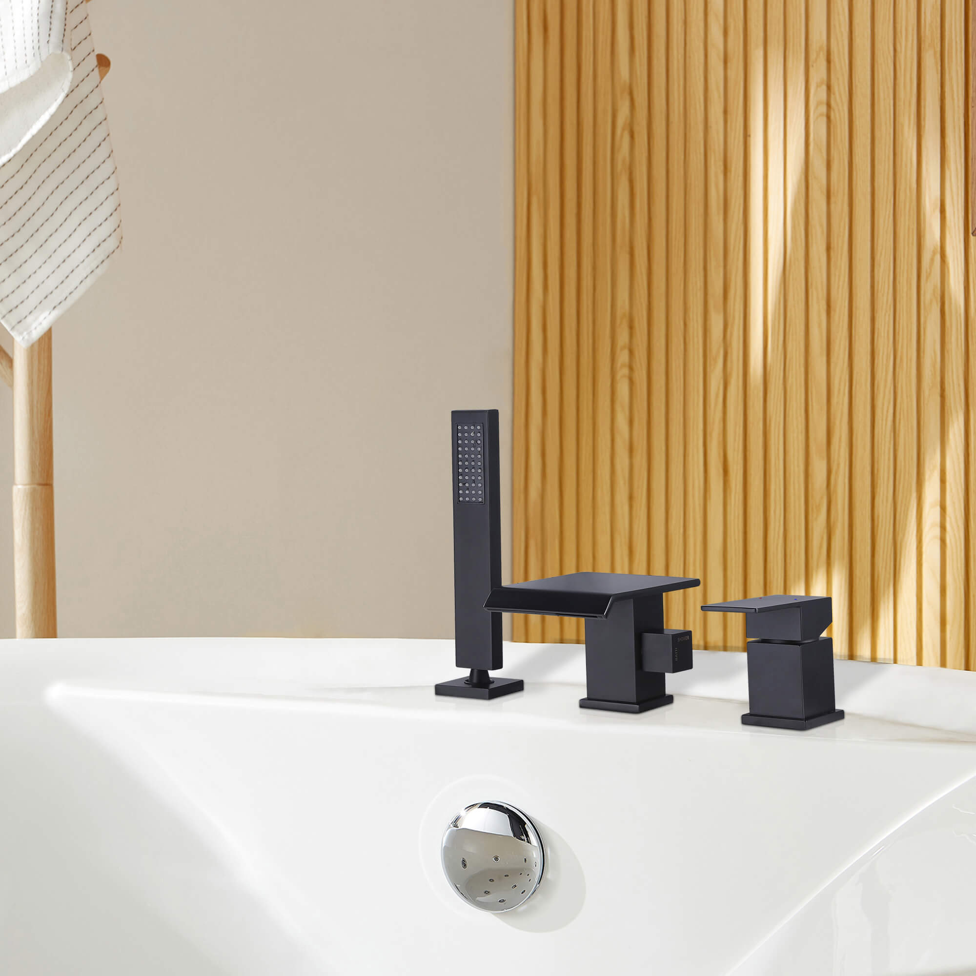 Matte Black 3-Hole Waterfall Roman Tub Faucet with Hand Shower Single Handle
