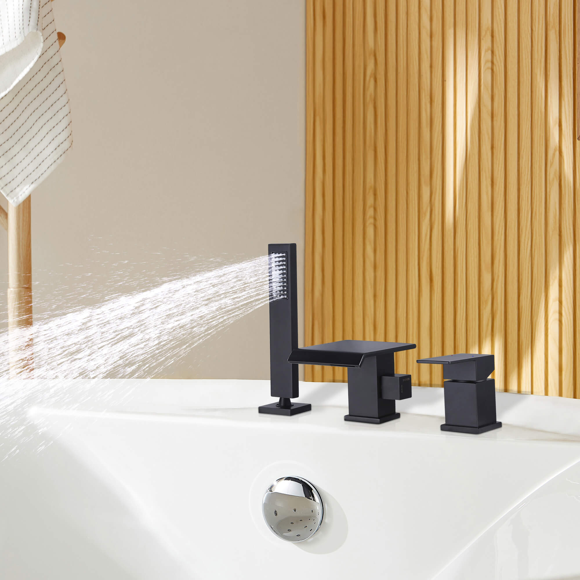 Matte Black 3-Hole Waterfall Roman Tub Faucet with Hand Shower Single Handle
