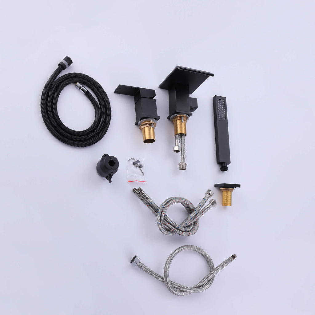 Matte Black 3-Hole Waterfall Roman Tub Faucet with Hand Shower Single Handle