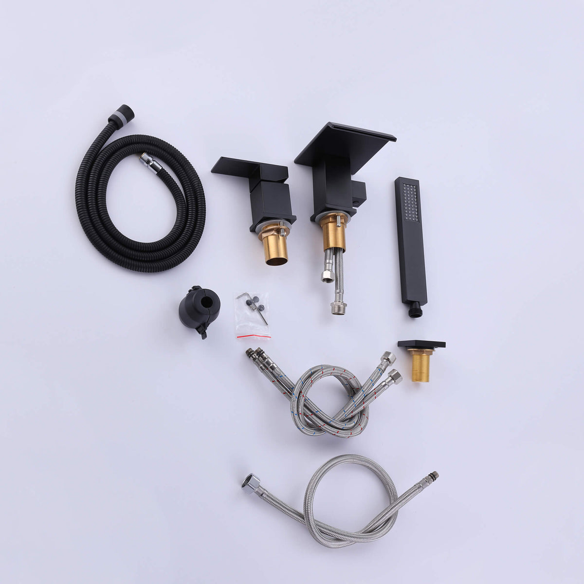 Matte Black 3-Hole Waterfall Roman Tub Faucet with Hand Shower Single Handle